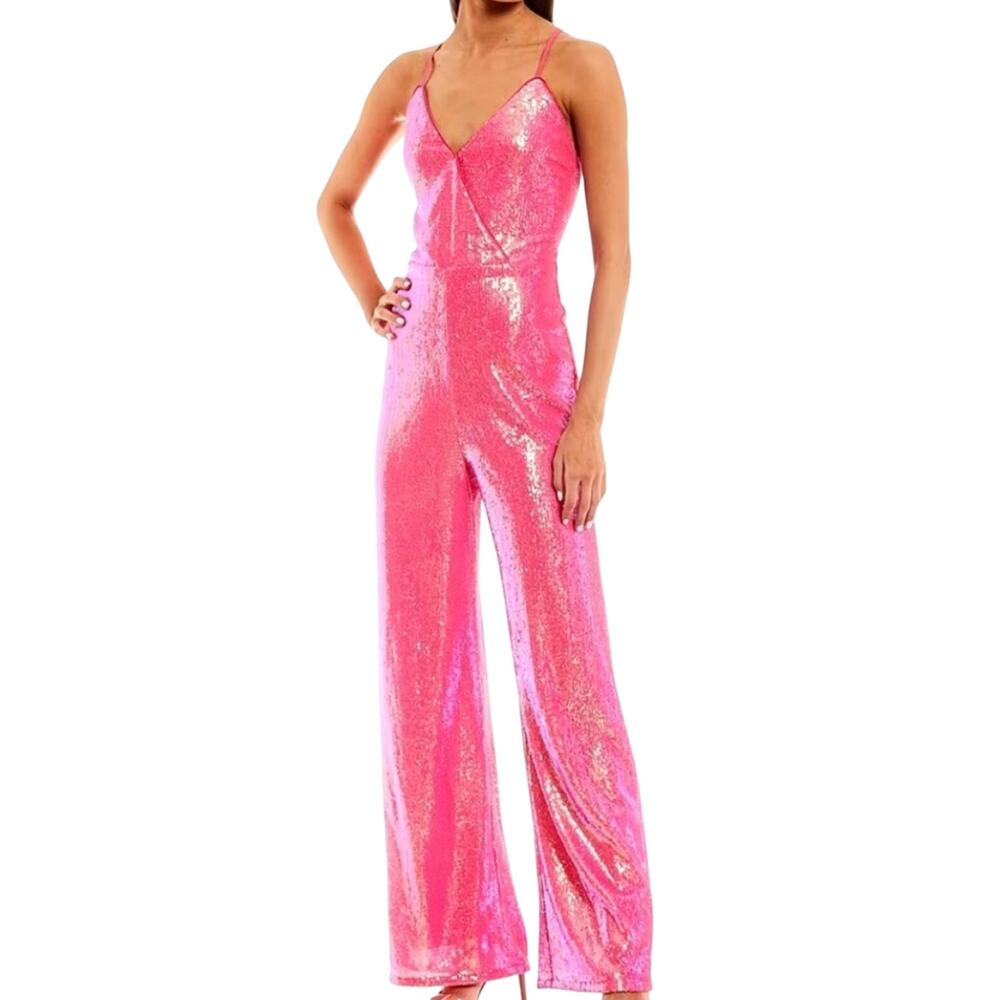 GB Gianni Bini Hot Pink Sequin Lace Up Wide Leg Bright Glam Shimmer Jumpsuit